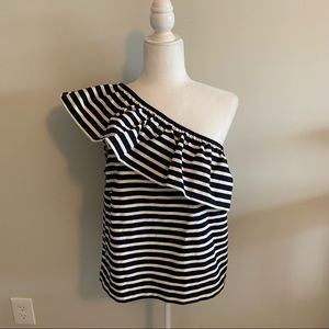 J.Crew Striped One Shoulder Ruffle Detail Top